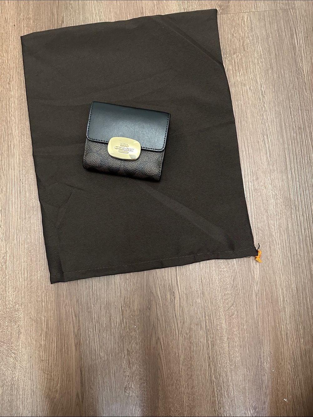 Coach Black Leather & Brown Signature Canvas Small Wallet with Gold Plaque